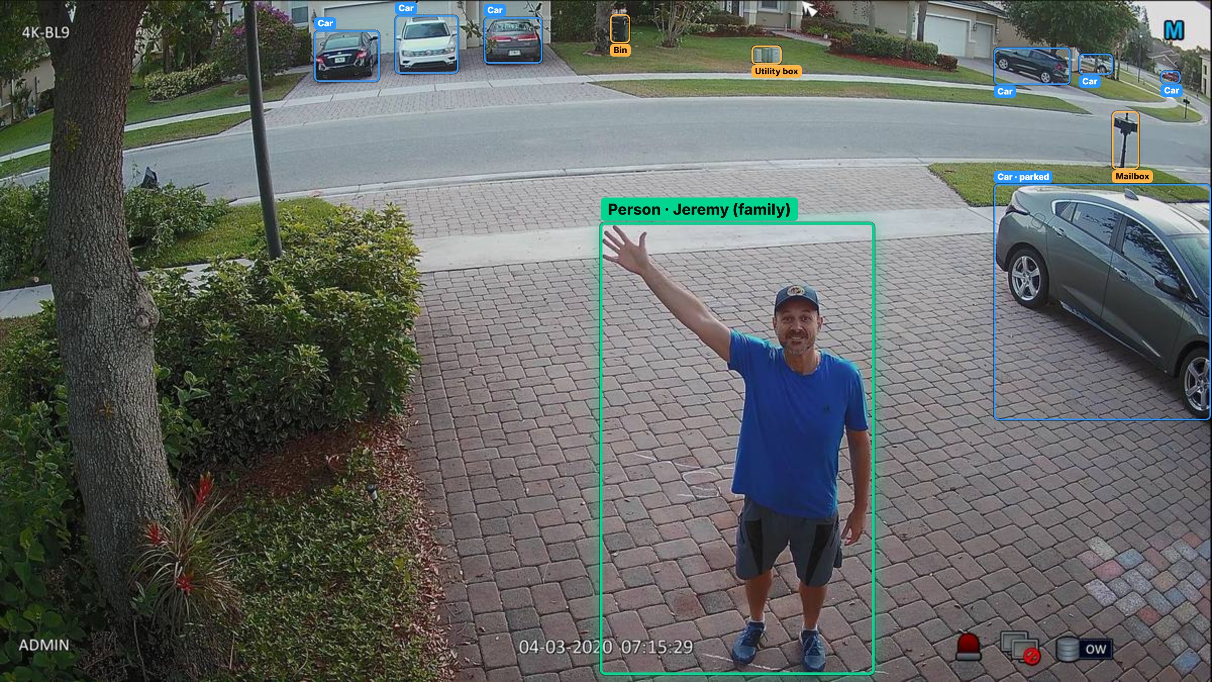 Driveway camera view: Jeremy recognised as family, every car and object labelled